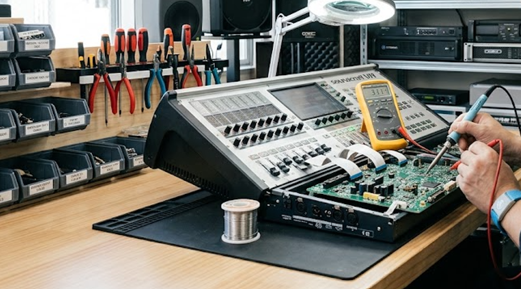 音響機器の故障診断や修理対応を行う作業台