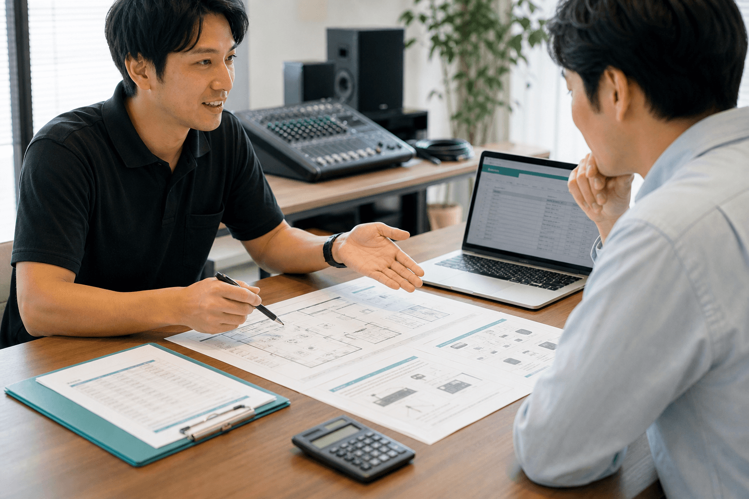 会場条件や予算を確認しながら打ち合わせしている様子