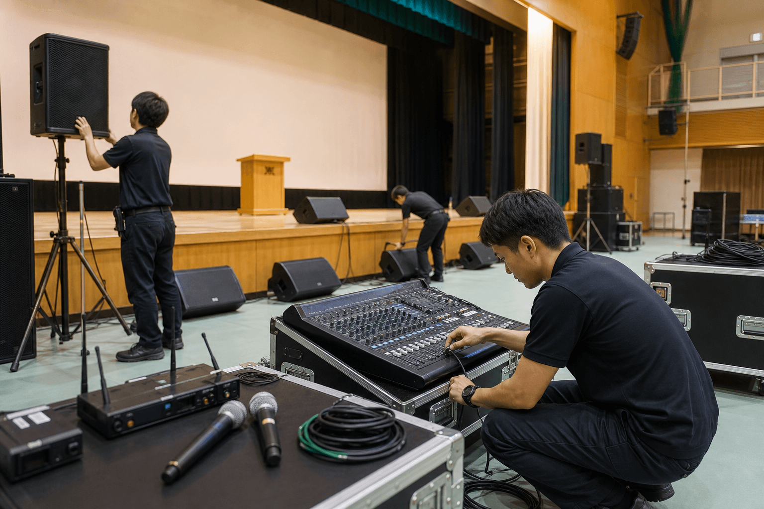 会場で音響機材の設営や準備を進めている様子